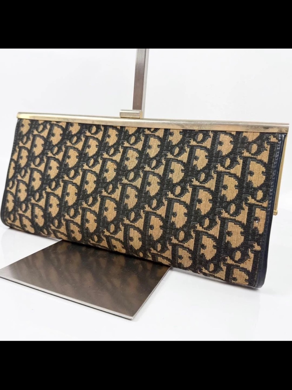 Dior Black and Tan Monogram Clutch with Gold Trim